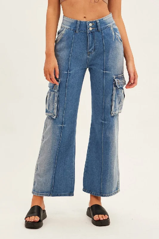 Blue Wide Leg Denim Cargo Pants