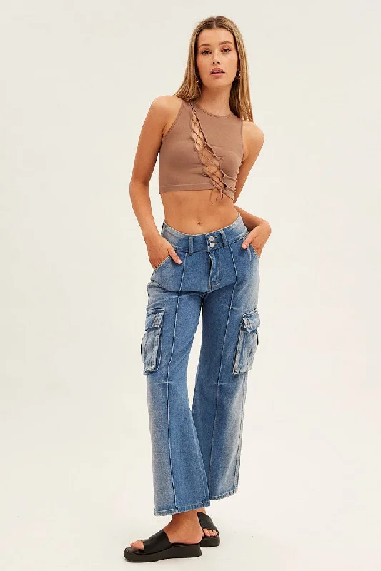 Blue Wide Leg Denim Cargo Pants