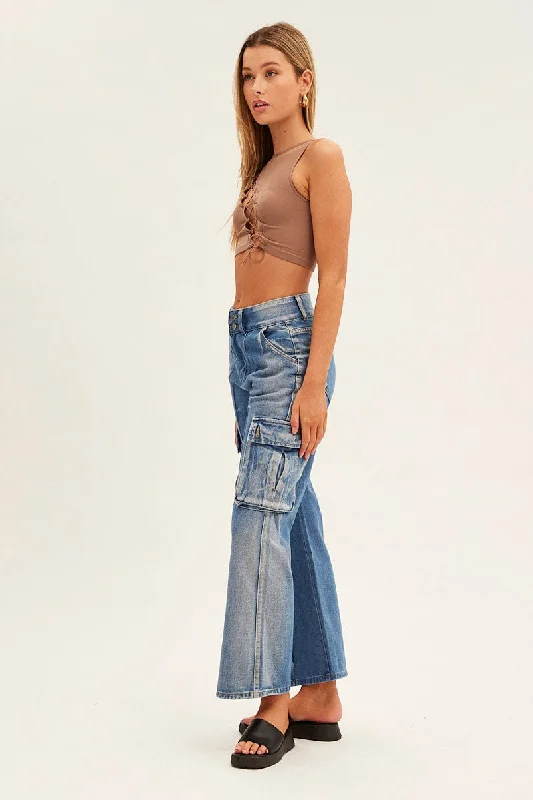 Blue Wide Leg Denim Cargo Pants