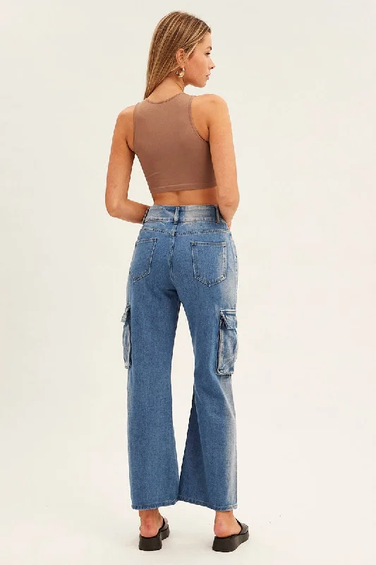 Blue Wide Leg Denim Cargo Pants