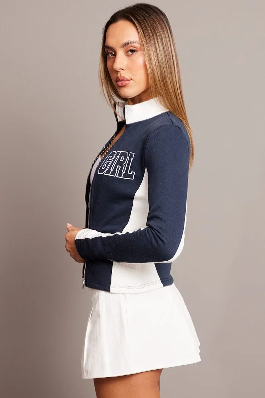 Blue Zipper Up Jacket Long Sleeve