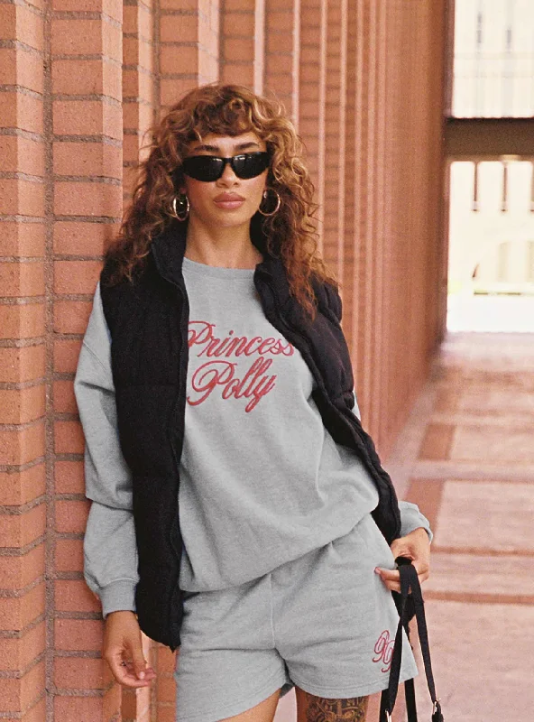 Princess Polly Crew Neck Sweatshirt Cursive Text Grey Marle / Red