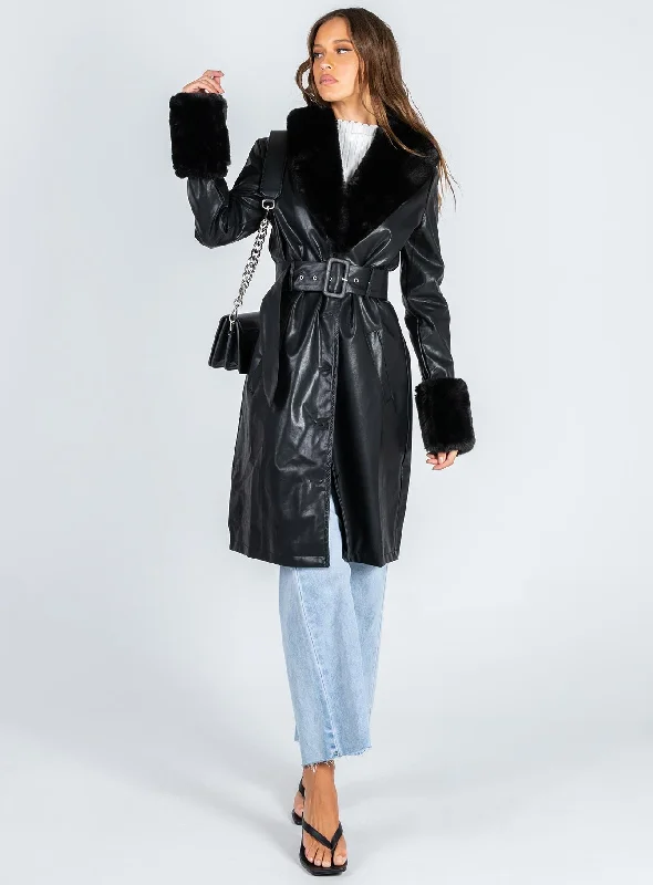 Brooklyn Faux Leather Long Coat Black