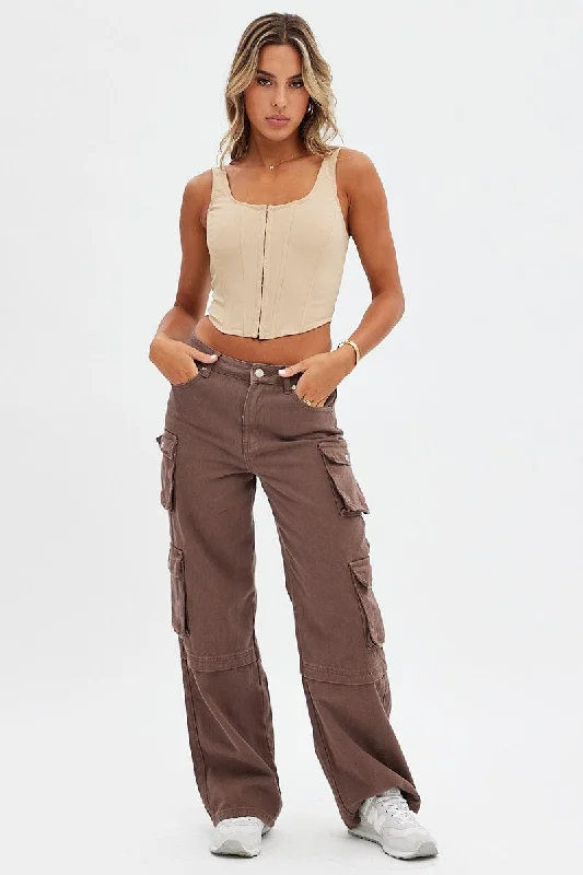 Brown Cargo Denim Jeans High Rise