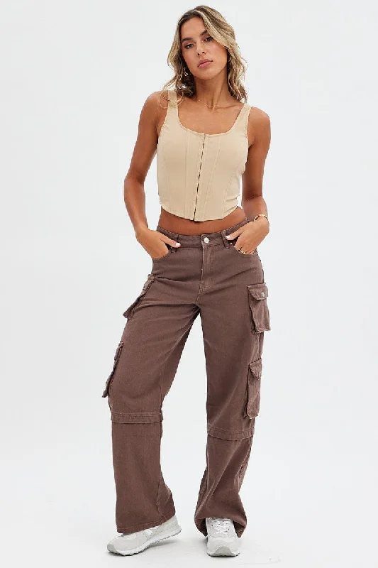 Brown Cargo Denim Jeans High Rise