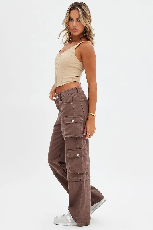 Brown Cargo Denim Jeans High Rise