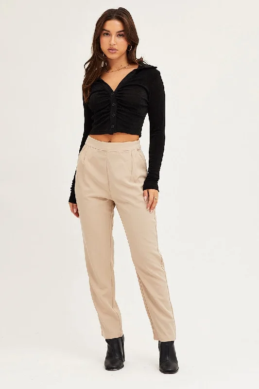 Brown Cropped Pants High Waist Workwear