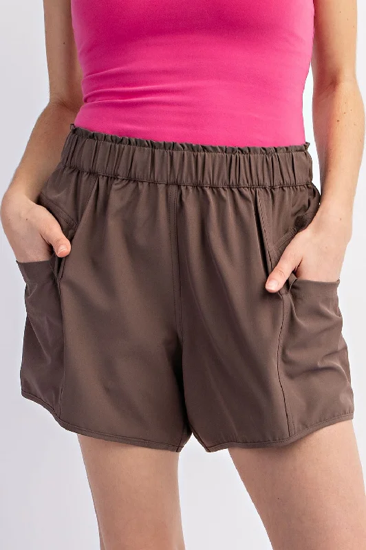 Brown Elastic Waist Side Pocket Active Shorts