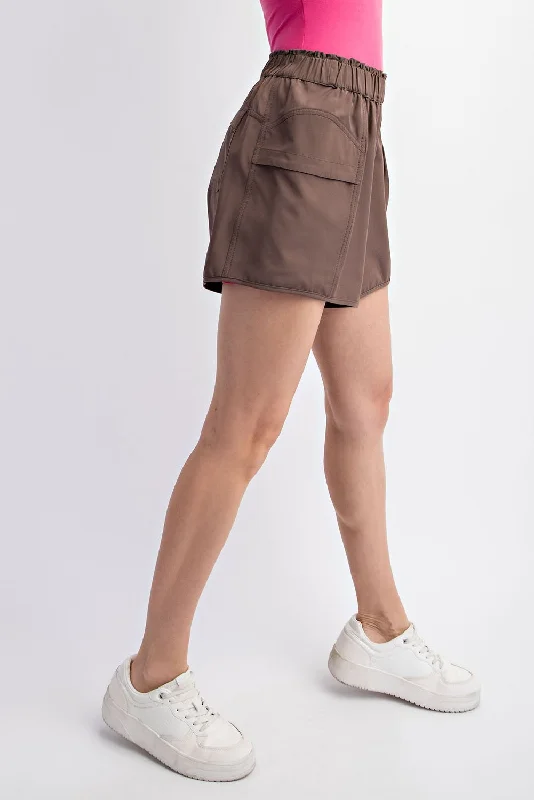 Brown Elastic Waist Side Pocket Active Shorts