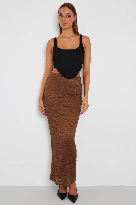 Brown Maxi Skirt High Rise Textured Fabric