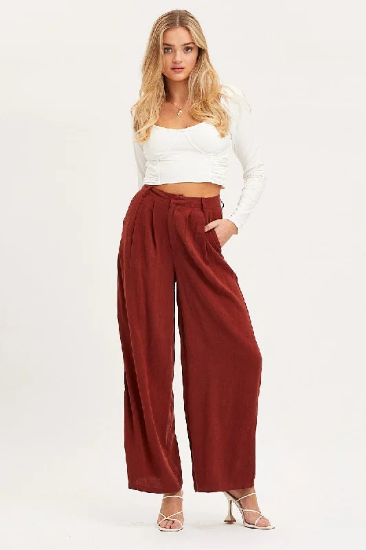 Brown Wide Leg Pants High Rise