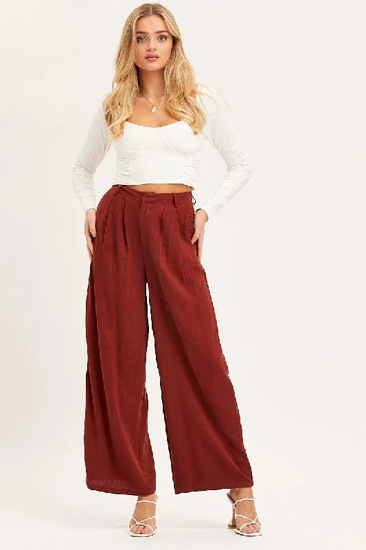 Brown Wide Leg Pants High Rise