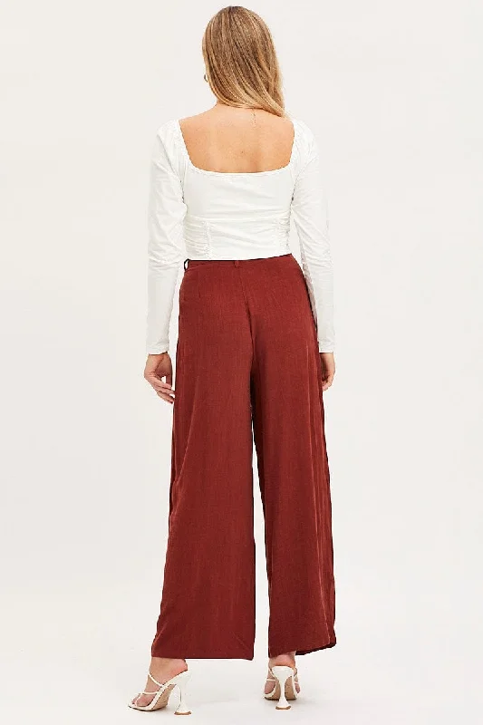 Brown Wide Leg Pants High Rise