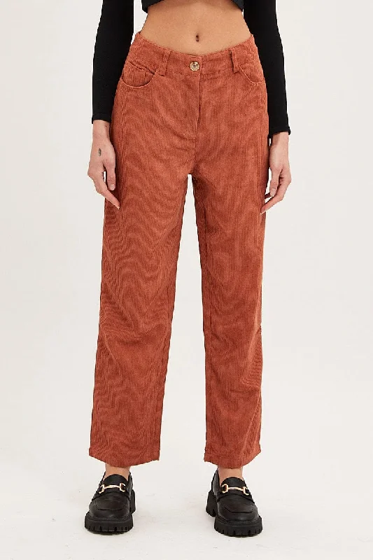 Brown Wide Leg Pants Mid Rise Corduroy