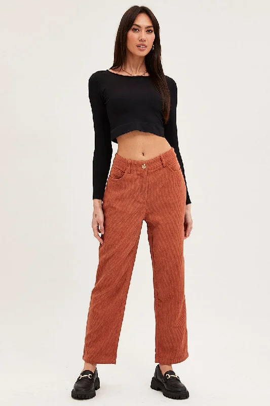 Brown Wide Leg Pants Mid Rise Corduroy