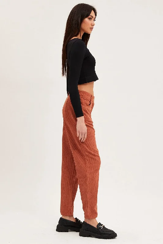 Brown Wide Leg Pants Mid Rise Corduroy