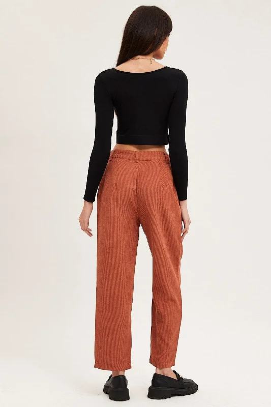 Brown Wide Leg Pants Mid Rise Corduroy