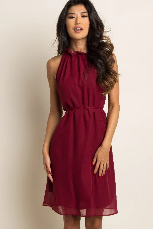 Burgundy Chiffon High Neck Dress