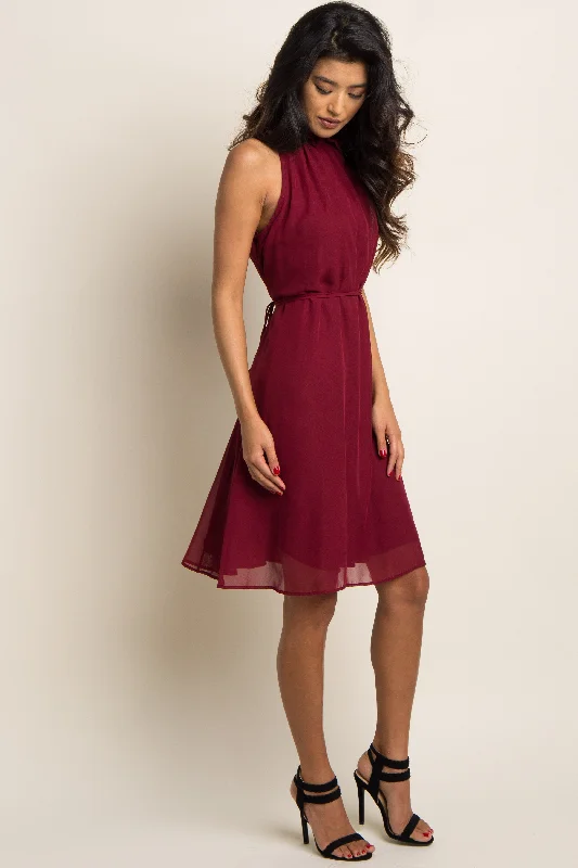 Burgundy Chiffon High Neck Dress