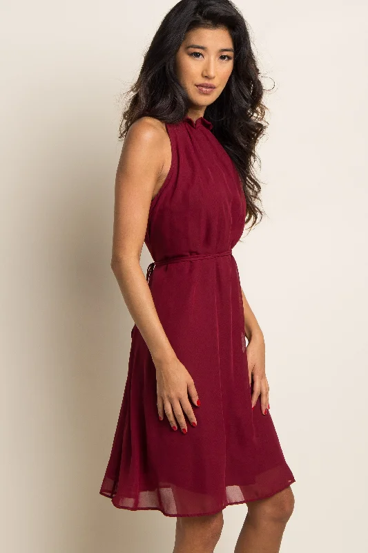 Burgundy Chiffon High Neck Dress