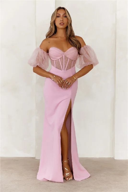 Champagne Soirée Off Shoulder Maxi Dress Pink