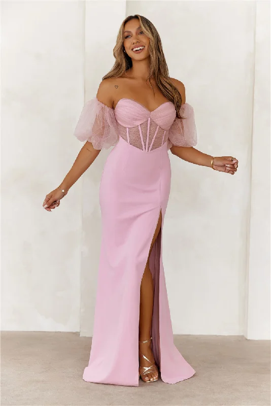 Champagne Soirée Off Shoulder Maxi Dress Pink