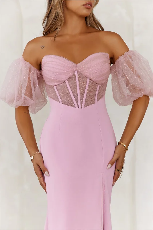 Champagne Soirée Off Shoulder Maxi Dress Pink