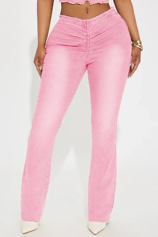 Coming Back Frayed V Waistband Flare Pant - Pink