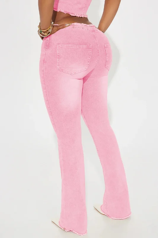 Coming Back Frayed V Waistband Flare Pant - Pink