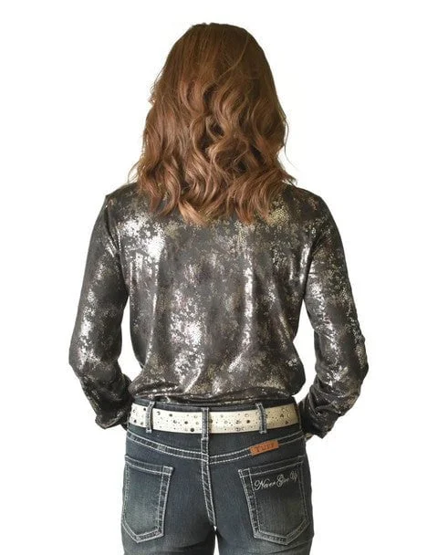 Cowgirl Tuff Womens Metallic Snakeskin Black Polyester L/S Shirt