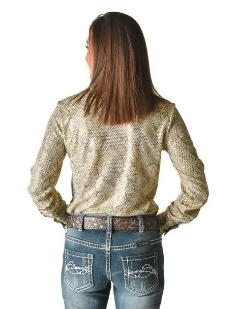 Cowgirl Tuff Womens Metallic Snakeskin Cream Polyester L/S Shirt