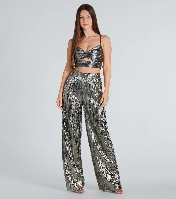 Dare To Impress Metallic Plisse Wide-Leg Pants