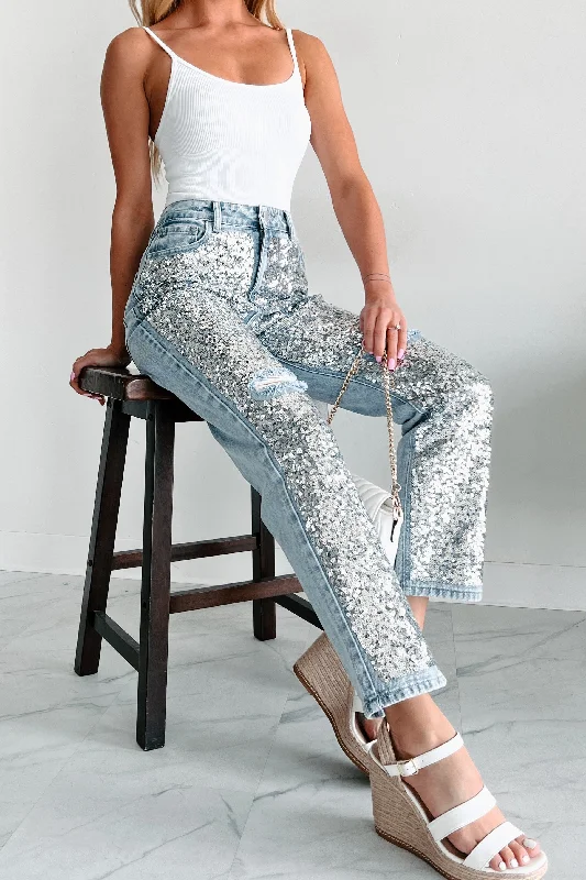 Dazzled High Rise Sequin Straight Leg Jeans (Silver/Light Wash)