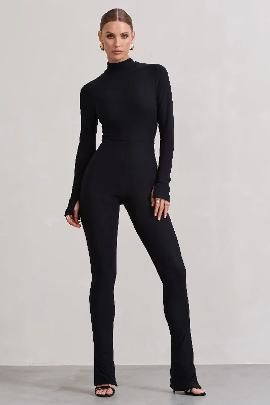 Elevated | Black High-Neck Slim-Leg Jumpsuit With Long Sleeves