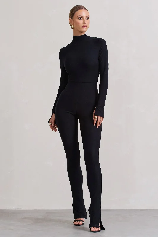 Elevated | Black High-Neck Slim-Leg Jumpsuit With Long Sleeves