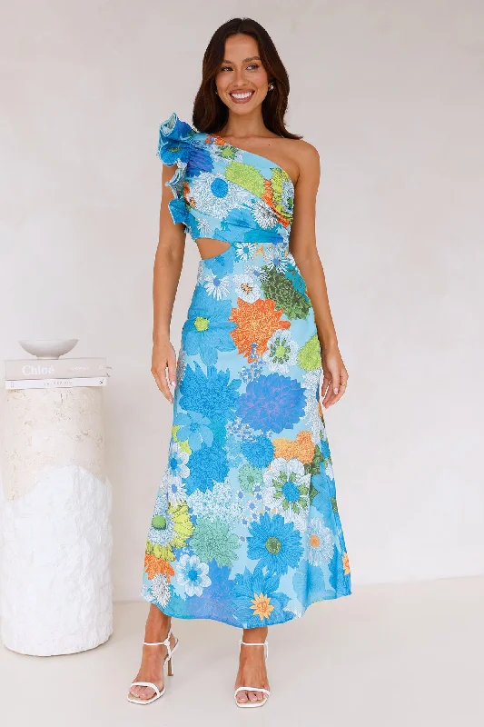 Enchanted Bouquet One Shoulder Midi Dress Blue