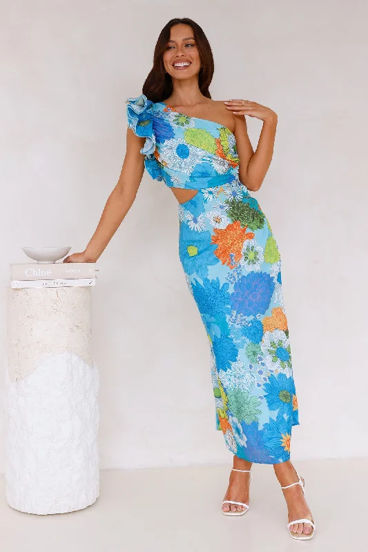 Enchanted Bouquet One Shoulder Midi Dress Blue