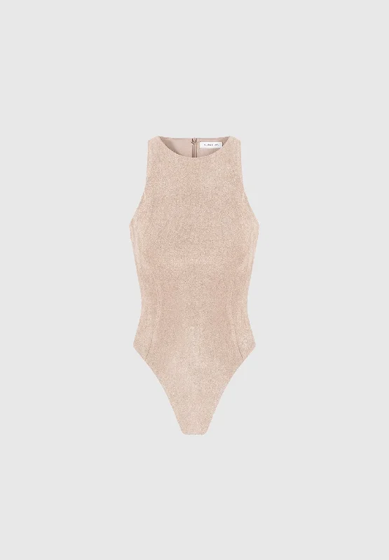 Éternelle Vegan Suede Racer Neck Bodysuit - Taupe