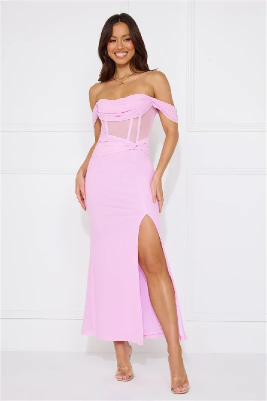 Evening Of Class Off Shoulder Mesh Maxi Dress Lilac