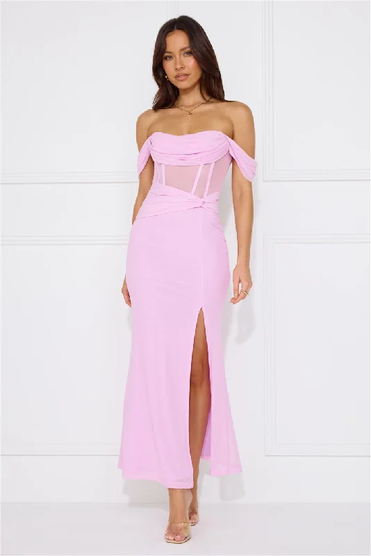 Evening Of Class Off Shoulder Mesh Maxi Dress Lilac