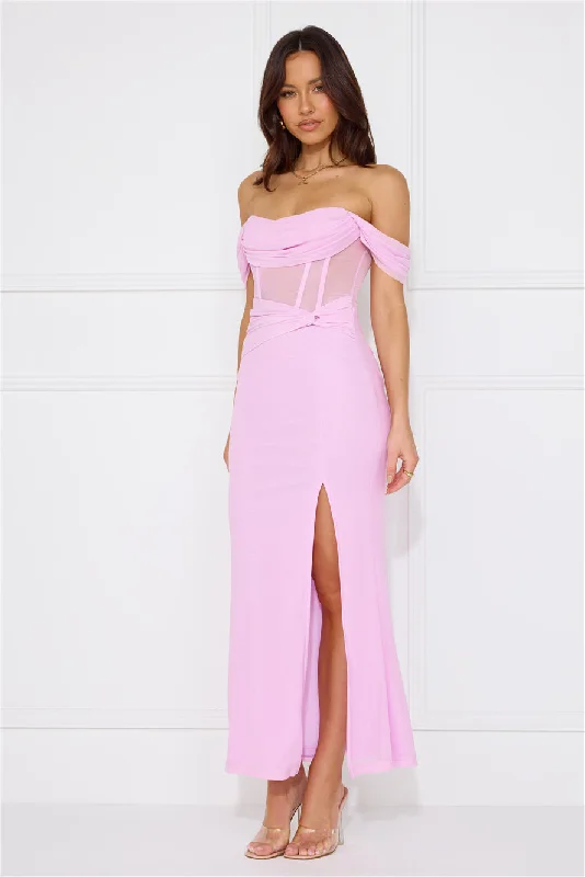 Evening Of Class Off Shoulder Mesh Maxi Dress Lilac