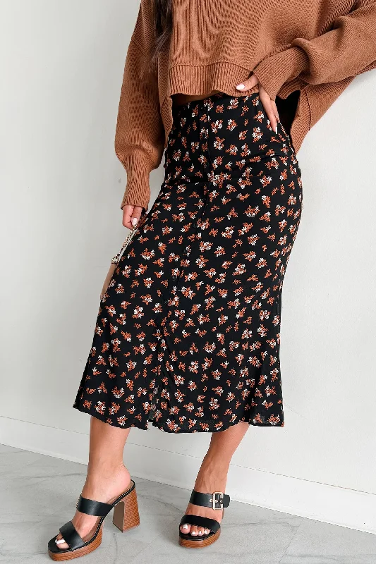 Fashionable Poise Button Detail Floral Midi Skirt (Black)