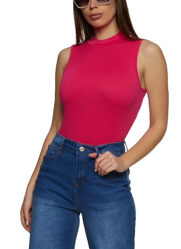 Textured Knit Mock Neck Sleeveless Bodysuit