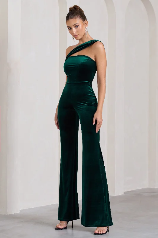 Georgia | Bottle Green Velvet Asymmetric Wide-Leg Jumpsuit