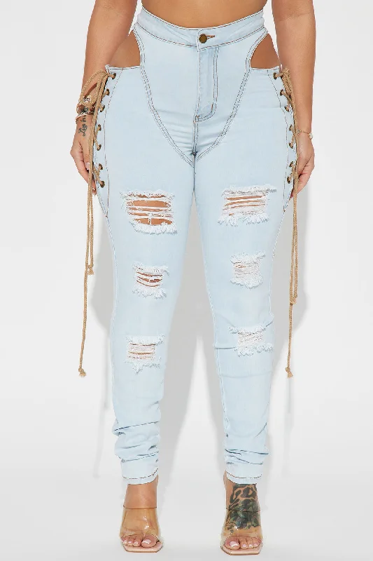 Getting Out There Lace Up Skinny Jeans - Light Wash