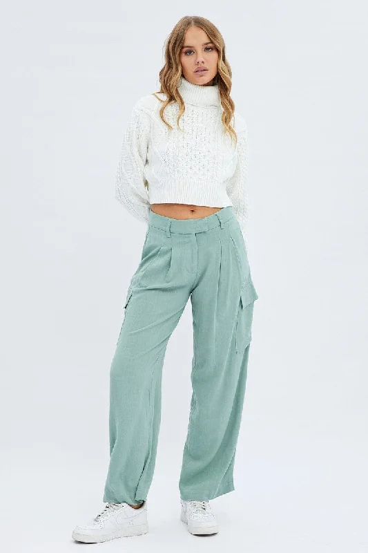 Green Cargo Pants Low Rise Wide Leg