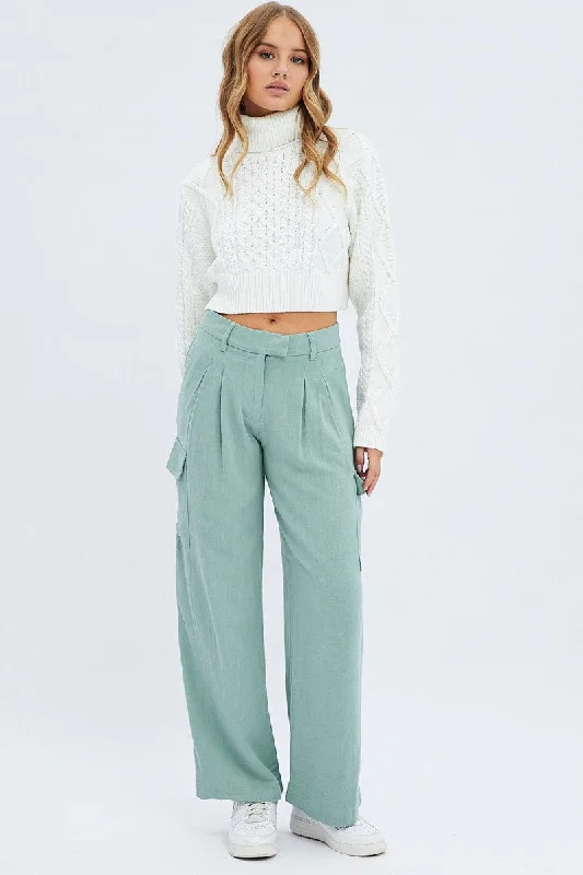 Green Cargo Pants Low Rise Wide Leg