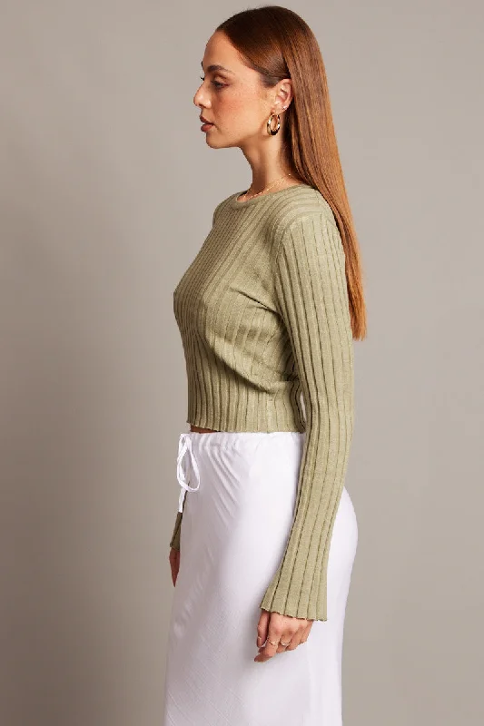 Green Crop Jumper Boat Neck Long Sleeve