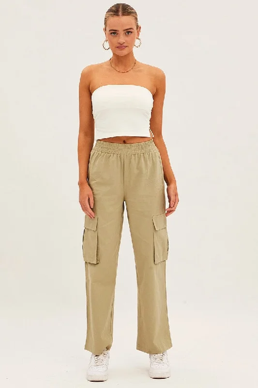 Green Elastic Waist High Rise Wide Leg Cargo Pants