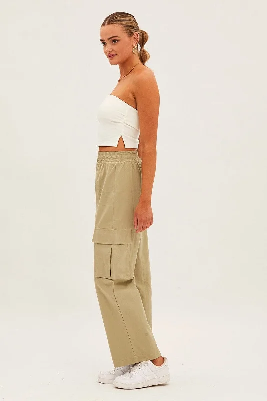 Green Elastic Waist High Rise Wide Leg Cargo Pants